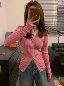 Pure Desire Pink V-Neck Knitted Open Cardigan Womens Slim Fit Long Sleeve Base Shirt Top for Autumn Commute Style New Arrival