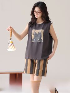 MiiOW | ชุดนอนผู้หญิงผ้าฝ้ายแท้แขนกุด กางเกงขาสั้น ชุดอยู่บ้าน ระบายอากาศได้ดี ใส่ไปกลางแจ้งได้ ชุดนอนฤดูร้อน ชุดนอนคอกลม