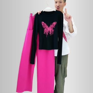 Handpicked Butterfly Print round Neck Slim Fit T-Shirt Womens Thin Spring Autumn Base Layer Trendy Korean Style Cotton Top