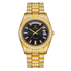 START Mens Watch Swiss Automatic Mechanical Movement Diamond Watch Waterproof Date Day Butterfly Buckle Strap Golden Watch