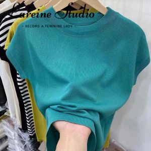 (S-4XL) Lareine Áo Thun Nữ Áo Lụa băng tay ngắn họa tiết trơn thời trang Áo Thun Cổ Tròn Nữ Dệt Kim