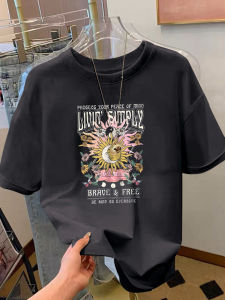 Loose Fit Pure Cotton round Neck Short Sleeve T-Shirt Womens Summer New Style Big Size Fun Print Top Korean Version Casual Tee