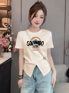 Pure Cotton Short Sleeve T-Shirt Women Summer Slim Fit Short Length Casual round Neck Top Korean Style Printed Youth Fashion