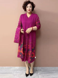 Elegant V-Neck Knitted Dress Loose Slimming Fashionable Ethnic Print Long Dress Autumn Winter High-End Mommy Dress Cover up
