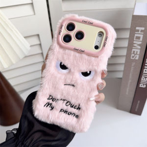 Cartoon Angry Face Expression Fluffy Plush Phone Case For iPhone Air 11 12 14 13 15 16 17 Pro Max Lens Bracket Shockproof Cover