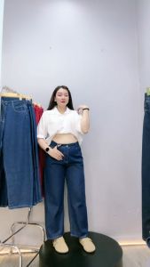 Quần jean xanh Bigsize nữ dáng xuông viền trắng tôn dáng lưng cao -Q535