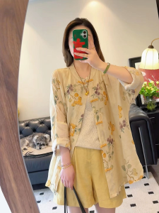 Shalldoer | New Chinese Style Summer Womens Linen Set Sun Protection Printed Wide Leg Shorts Long Sleeve Round Neck Shirt Two-Piece Suit