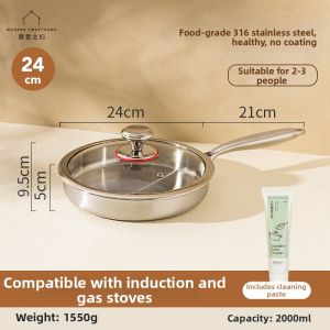 MODERN SWEETHOME | Non-coating 316 Stainless Steel Flat Bottom Frying Pan