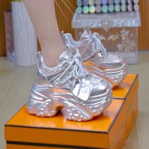 Womens Sporty Casual Shoes Spring 2025 Fashion Boosted Height Leather Dad Shoes round Toe High Heel Thick Bottom