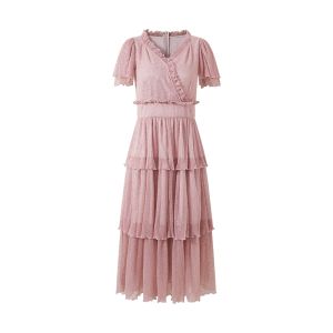 BADINA | Bathina Elegant Mesh Dress V-neck Short Sleeve Womens Autumn New Style Pink Cake Skirt Polyester Fiber Natural Waist Zipper Closure