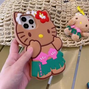 Sanrio | Cute Hello Kitty Hula Skirt Cartoon Phone Case For iPhone 17 16 15 14 13 12 11 Pro Max Plus 17 Pro Hawaiian Kitty Silicone Case
