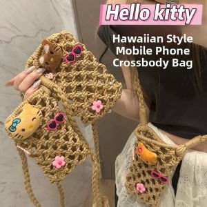 Handwoven Hawaiian Vacation Cartoon Shoulder Bag Womens Versatile Mobile Phone Crossbody Bag Lazy Style Cute Small Square Bag