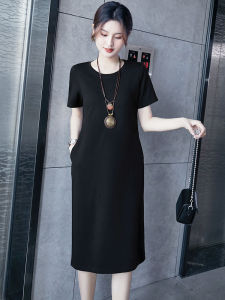 New 2025 Womens Dress Loose Short Sleeve round Neck Pure Color Spring Autumn T-Shirt Dress Casual Style Comfortable Cotton Blend