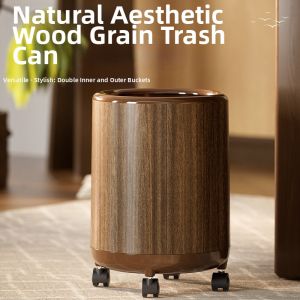 NAIFUNA | Retro Wood Grain Chinese Style Mobile Large Capacity Lid Trash Can