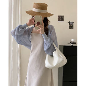 INS K-style Western Style Pure Color Long Sleeves Short Cape Outerwear Cover-up Sun Protective Blouse Cut Out Knitted Cardigan Top