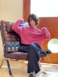 MIUCO | Áo Sweater Len Cổ Tròn Màu Hồng Chất Lượng Cao