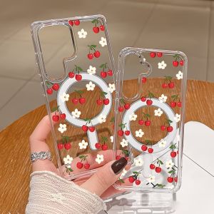 HD Clear Magnetic Phone Case For Samsung Galaxy S26 S25 S24 S23 S22 S21 S20 Note 20 Ultra Plus MagSafe Cherry Flower Print Cover