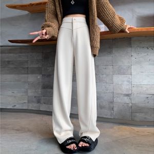 Womens Fleece Lined Wide Leg Pants Spring Autumn Drapey Banana Shape Casual Straight Cut Slimming Loose Fit High Waist