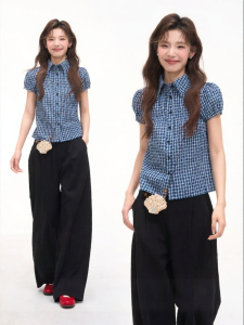 HTMEME | Áo Blouse Tay Ngắn Đa Năng Họa Tiết Caro