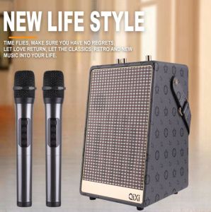 QIXI SK-2050 Big Sound High Quality KARAOKE Wireless Bluetooth Leather Type Speaker with Dual Wireless Microphone