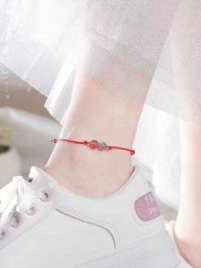 Natural Crystal Strawberry Crystal Womens Lucky Charm Bracelet Red Rope Korean Style Simple Personality Ankle Chain Forest System