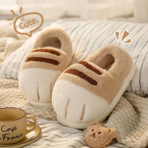 Cute Cat Claw Slippers & Trendy Plush Outerwear: Warm Couples Cotton Slippers