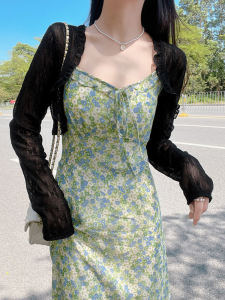 เสื้อคาร์ดิแกนคอวีแขนยาวผ้าลูกไม้โปร่งสำหรับผู้หญิงในช่วงฤดูร้อน เสื้อคลุมกันแดดแบบสั้น ชุดเดรสแขนกุด ทรงเข้ารูป