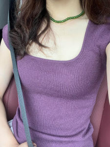 Áo Thun Nữ Tay Ngắn Cổ Chữ U Màu Trơn Dáng Ôm Mùa Hè Phong Cách Hàn Quốc Miu Pure Desire Wind Knitted Large Collar Shoulder