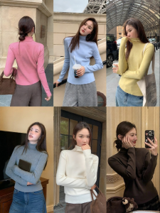 NIHAOKANONG | Áo Knit Màu Đơn Giản Dáng Ôm Cổ Cao