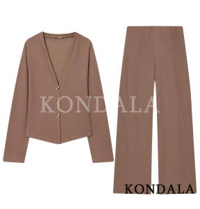 KONDALA Nữ Dệt Kim Quần Bộ Đơn Giản Thanh Lịch Thời Trang Thu Đông Áo Cardigan Dài Tay Có Nút + Quần Dài 2 Bộ