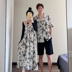 XILANDUO | Couple Matching Summer Ink Printed Asymmetric Strap Maxi Dress