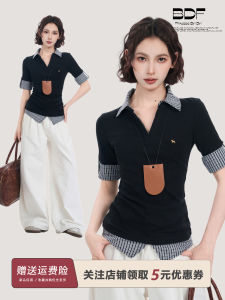 Black Polka Dot Short Sleeve Polo Shirt Womens Summer Slim Fit Short Length Tight Waist Halves T-Shirt Korean Style Commute