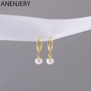 ANENJERY Silver Color Flat Pearl Hoop Earrings Hot Fashion Simple Charms Earrings for Women Girl Wholesale