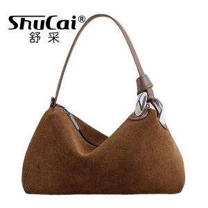 SHUCAI | Ladies Matte Suede Leather Pillow Tote High Quality Women Brown Coffee Handbag Luxury Designer Female Shoulder Crossbody Bag Red