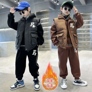 Thickened Fleece Childrens Sweatshirt Three-piece Set for Boys Autumn Winter Casual Style Cotton Fabric Love Expression