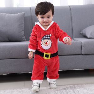 Christmas Infant Men and Women Children & Baby Autumn and Winter Thickening Hooded One-Piece Romper Jumpsuit Festive Red New Year Clothes