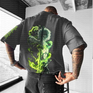 Gray Cotton T-Shirt Demon Slayer Back Print Green Flame Sword Arm Tattoo Front Chest Character Logo Japanese Text Casual Wear​