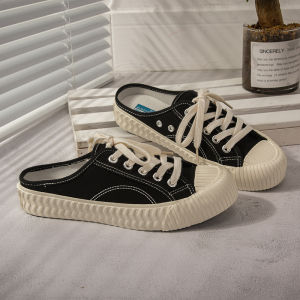 Black Half Slipper Biscuit Shape Shoes Womens Heel-Free Slip-on Bean Bag White Shoes Student Easiest for Match Retro Shell Toe Board Shoes