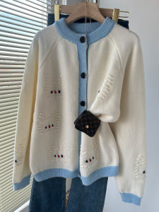 QINGNAER | Sweet Color Blocking Stylish Age-reducing Design Knit Sweater Outwear