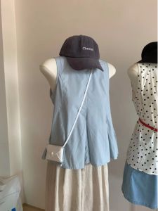 Stunning Blue Sleeveless Shirt Womens Sweet Elegant French Unique Mini Top Summer High Quality Design Korean Style Loose Fit