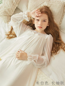 Girl Princess Court Nightdress Spring and Autumn Air Conditioning Long Short Sleeve Home Wear Girl Lace Mesh Modal Pajamas