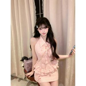 Summer Pure Desire Style Womens Short Skirt Set Sleeveless Top + Half-length Shorts Two-piece Set Sweet A-line Silhouette