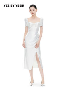 Silver Embossed Party Slit Dress