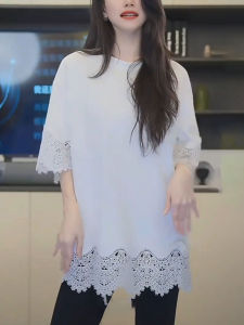 White Lace Splice T-Shirt Womens Summer New Loose Fashion Anti-Aging Short Sleeve Casual Top Ladylike Commute Style Pure Color