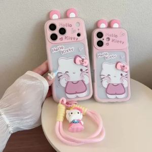 Sanrio | 3D Bow Sanrio Hello Kitty Rabbit Ears Lens Protection Case For iphone 14 16 15 17 Pro Max 17 Air With Lanyard Anti Drop Cover