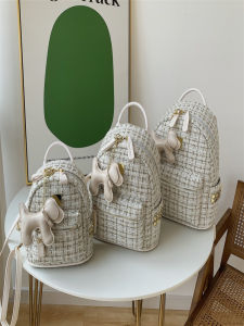 Fashionable Plaid Woolen Backpack Womens Casual Style Spring 2024 Trendy Double-Shoulder Bag Korean Style Soft Polyester Lining