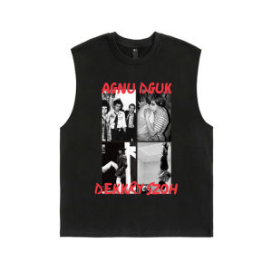 Oversize Retro Canvas Vest Mens Cotton Loose Print Base Layer Sweatshirt Breathable Moisture Wicking round Neck Pullover