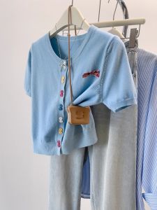 Stylish Butterfly Knot Knitted Open Cardigan Womens Loose Slimming Short Sleeve Top Thin Summer Korean Style Casual Wear