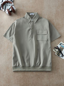 OUMULONG | Mens Summer Green Polo Shirt Drop Shoulder Boxy Pocket
