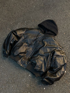 Escape from Guangfu South American Heavy Weight Bomber False Two-Piece Patchwork Hooded Thickened PU Leather Cotton-Padded Jacket Mens and Womens Cotton-Padded Jacket